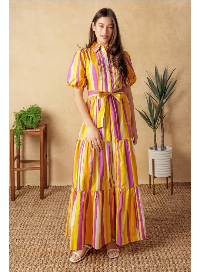 Printed Poplin Maxi Dress Magenta Orange