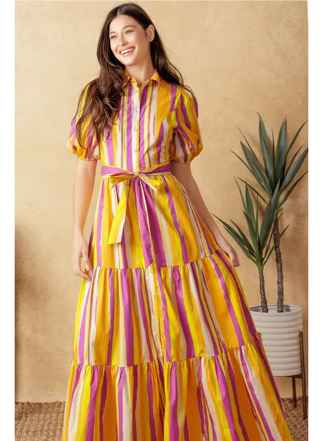Printed Poplin Maxi Dress Magenta Orange