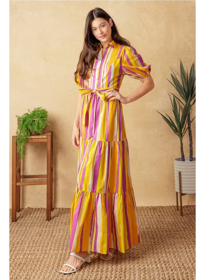 Printed Poplin Maxi Dress Magenta Orange