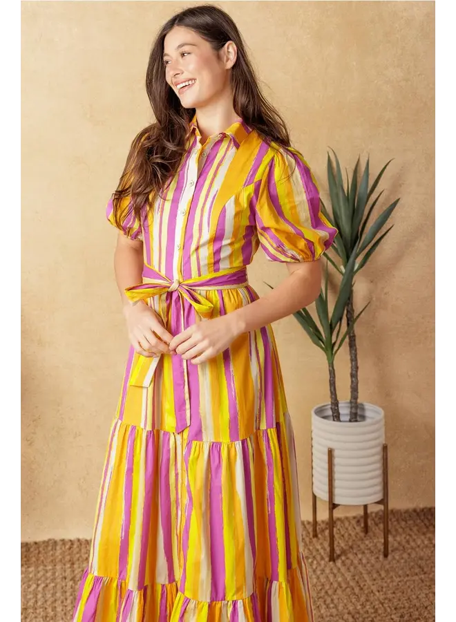 Printed Poplin Maxi Dress Magenta Orange