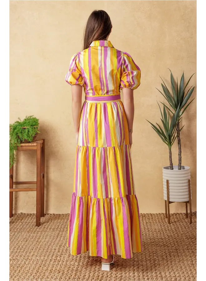 Printed Poplin Maxi Dress Magenta Orange