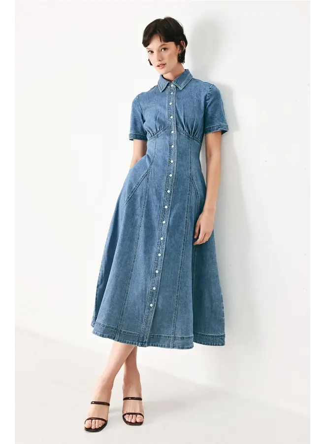Washed Denim Midi Shirt Dress Denim Blue