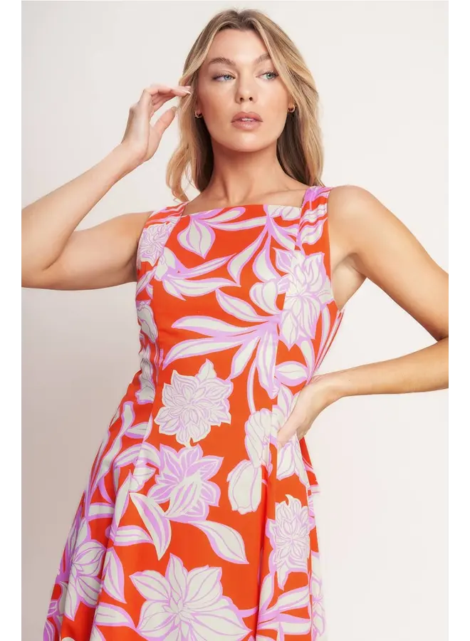 Printed Woven Midi Dress Burnt Orange