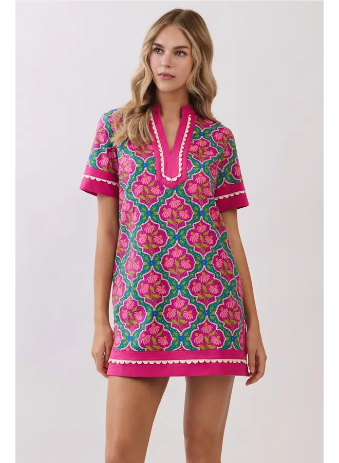 Colorful Floral Print Contrast Borders Shift Dress Magenta