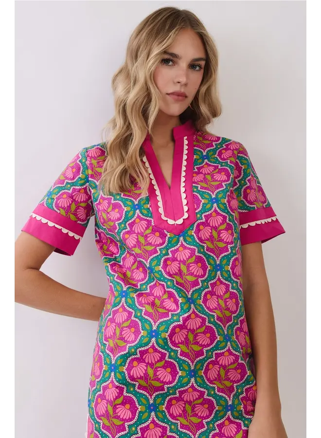 Colorful Floral Print Contrast Borders Shift Dress Magenta