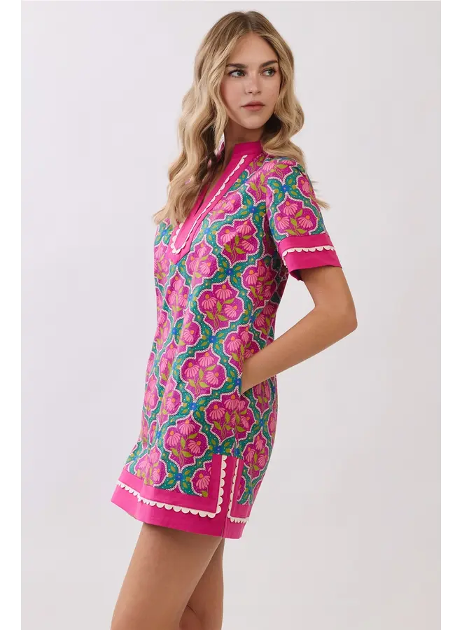 Colorful Floral Print Contrast Borders Shift Dress Magenta