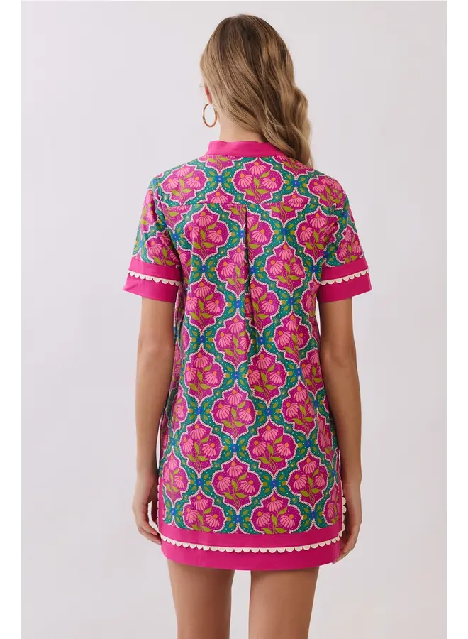 Colorful Floral Print Contrast Borders Shift Dress Magenta