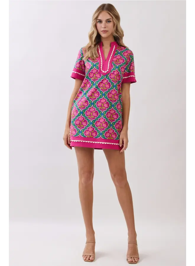 Colorful Floral Print Contrast Borders Shift Dress Magenta