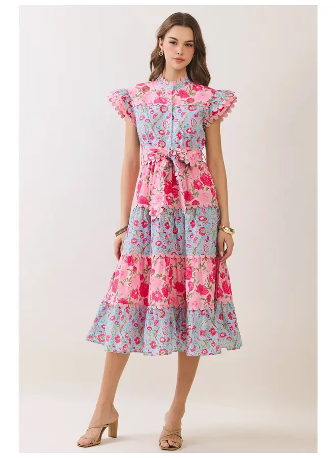 Floral Print Scalloped Detail Tiered Midi Dress Pink