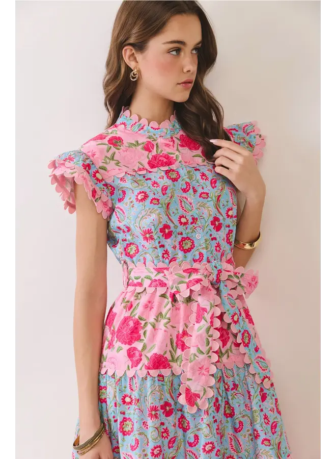 Floral Print Scalloped Detail Tiered Midi Dress Pink