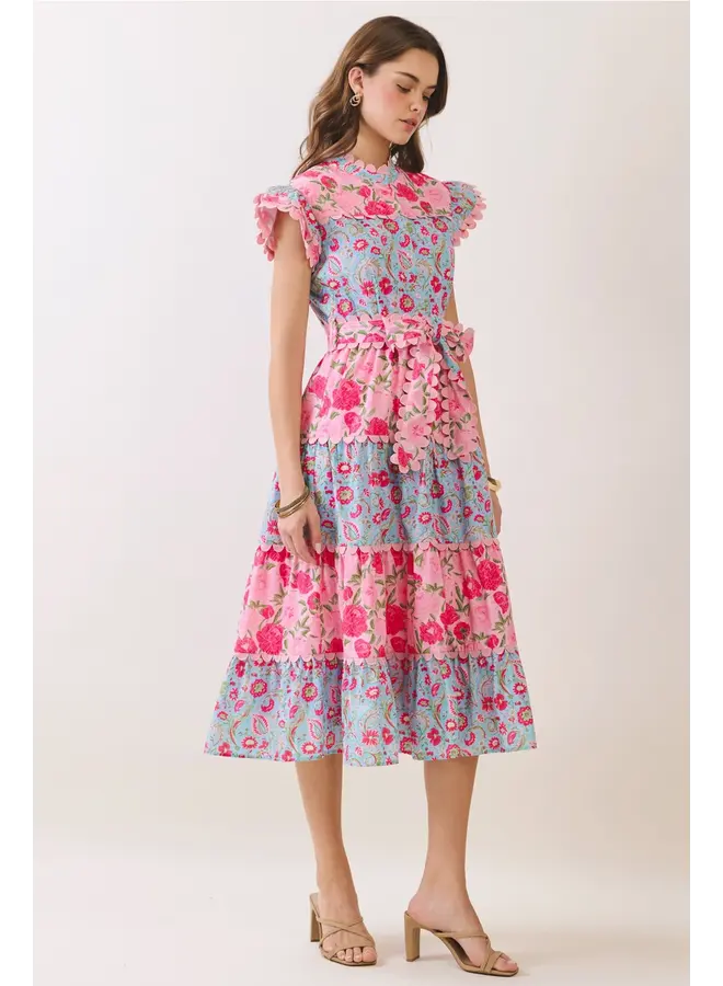 Floral Print Scalloped Detail Tiered Midi Dress Pink
