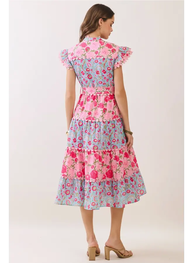 Floral Print Scalloped Detail Tiered Midi Dress Pink