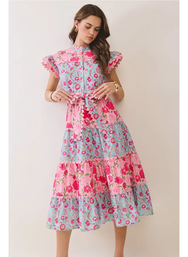 Floral Print Scalloped Detail Tiered Midi Dress Pink