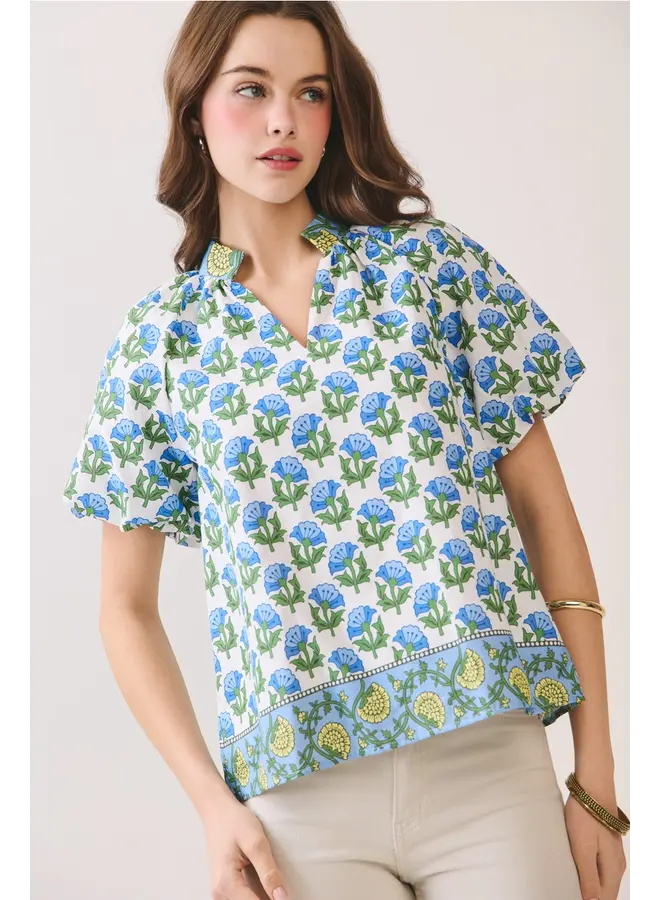 Floral Print Bubble Sleeves Split Neckline Top Blue