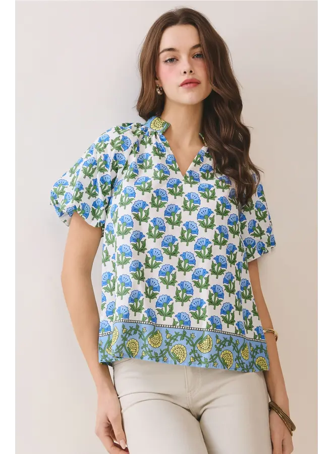 Floral Print Bubble Sleeves Split Neckline Top Blue