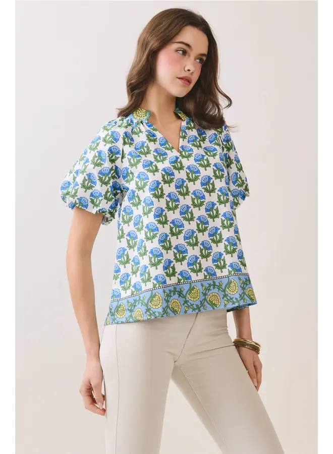 Floral Print Bubble Sleeves Split Neckline Top Blue