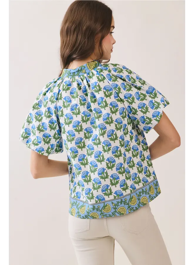 Floral Print Bubble Sleeves Split Neckline Top Blue