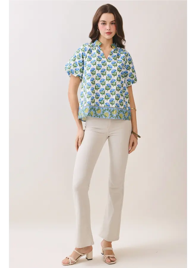 Floral Print Bubble Sleeves Split Neckline Top Blue