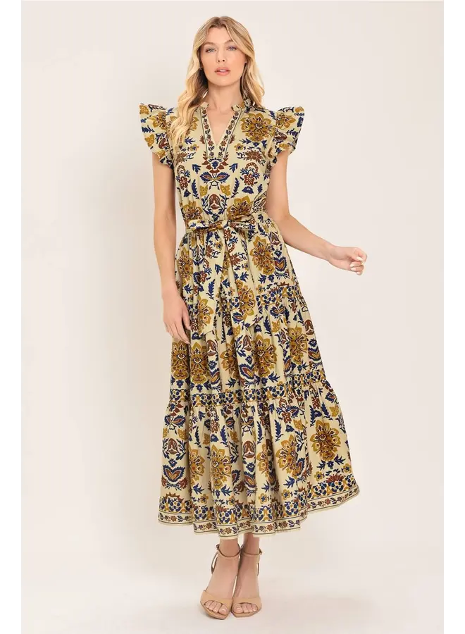 Printed Woven Midi Dress Taupe/Navy