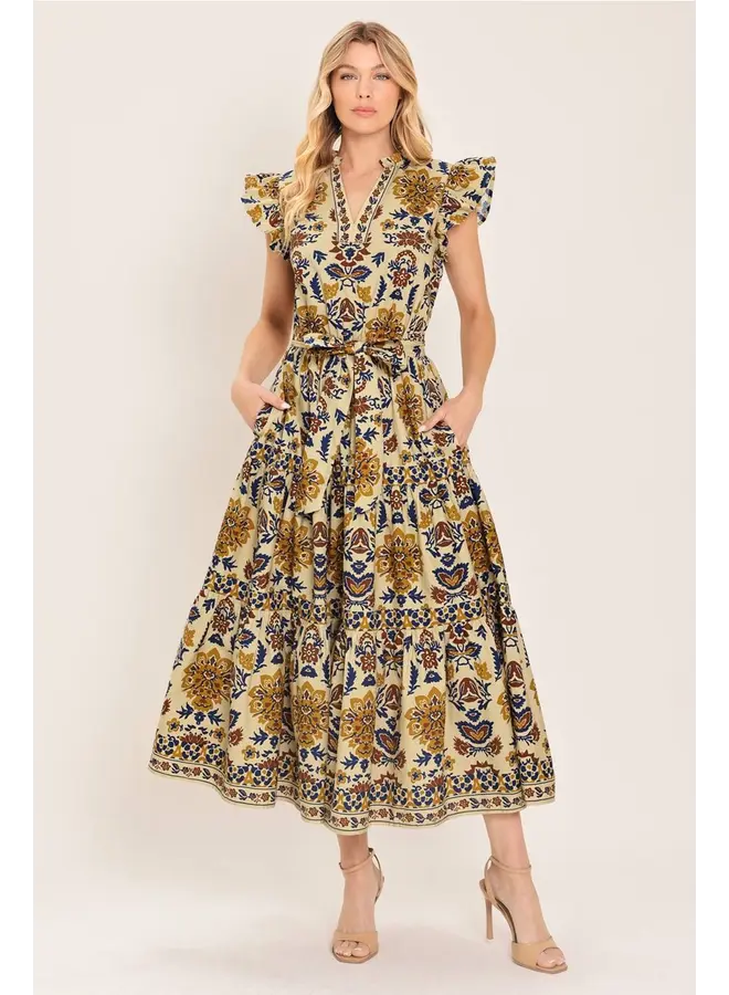 Printed Woven Midi Dress Taupe/Navy