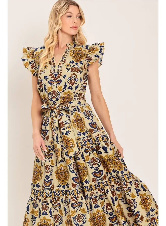 Printed Woven Midi Dress Taupe/Navy