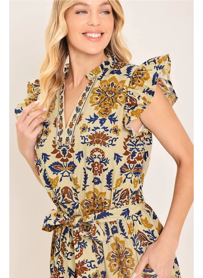 Printed Woven Midi Dress Taupe/Navy