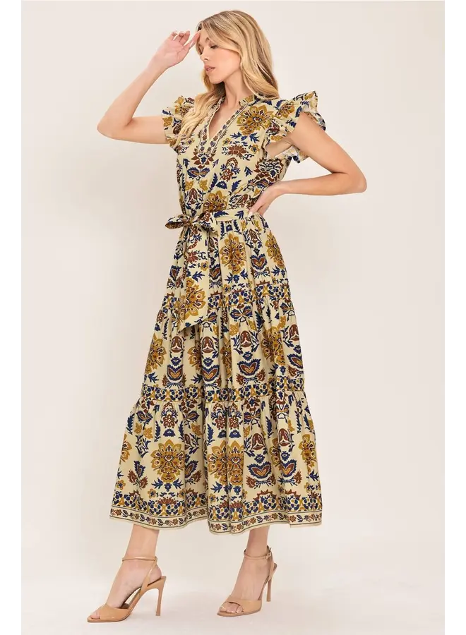 Printed Woven Midi Dress Taupe/Navy