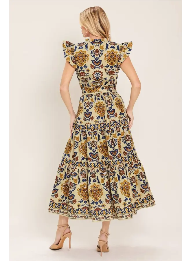 Printed Woven Midi Dress Taupe/Navy