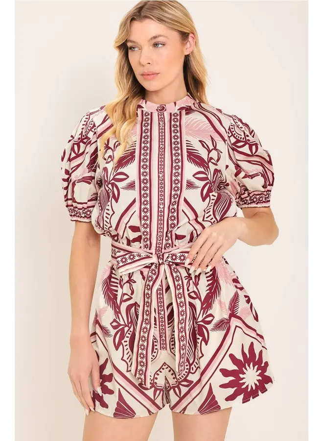 Printed Woven Romper Burgundy