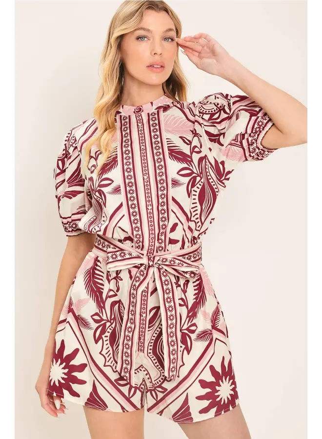 Printed Woven Romper Burgundy