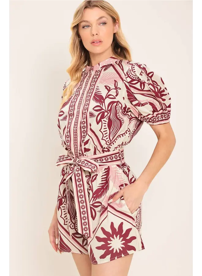 Printed Woven Romper Burgundy