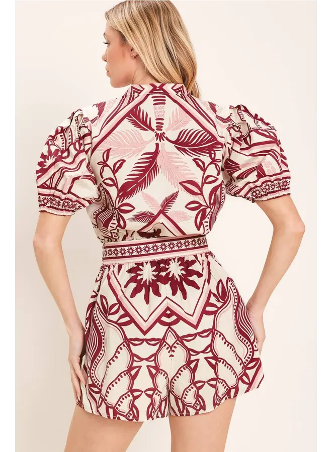 Printed Woven Romper Burgundy