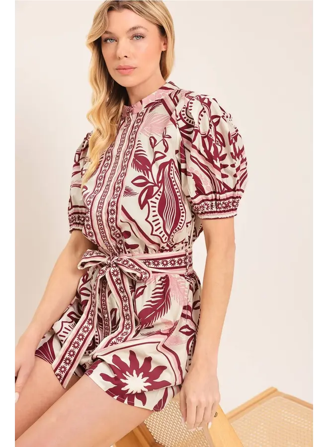 Printed Woven Romper Burgundy