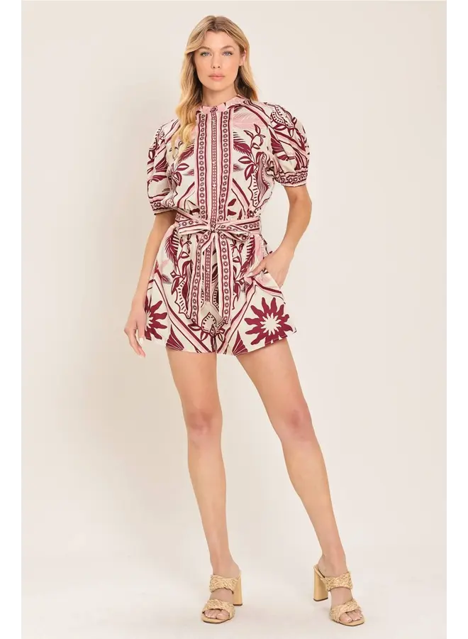 Printed Woven Romper Burgundy
