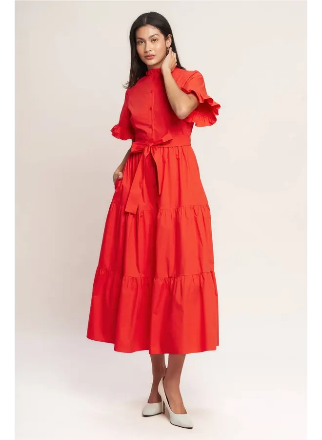 Solid Woven Midi Dress Orange Red