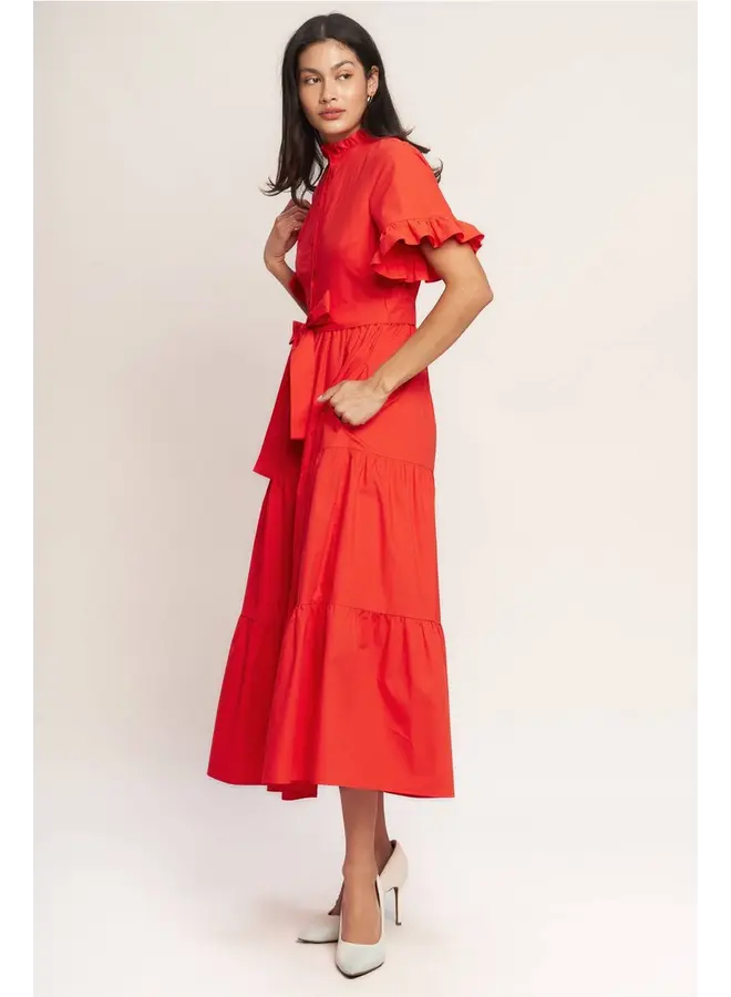 Solid Woven Midi Dress Orange Red
