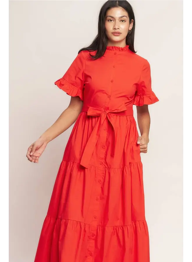 Solid Woven Midi Dress Orange Red