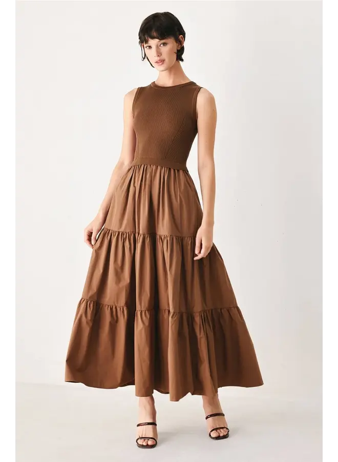 Sweater Knit and Woven Mix Midi Dress Brown