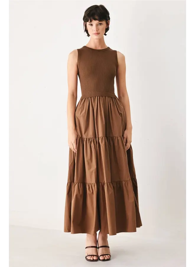 Sweater Knit and Woven Mix Midi Dress Brown
