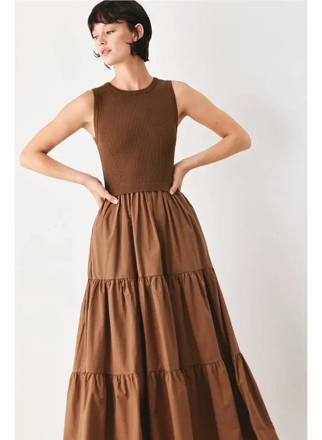 Sweater Knit and Woven Mix Midi Dress Brown