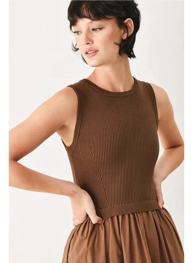 Sweater Knit and Woven Mix Midi Dress Brown