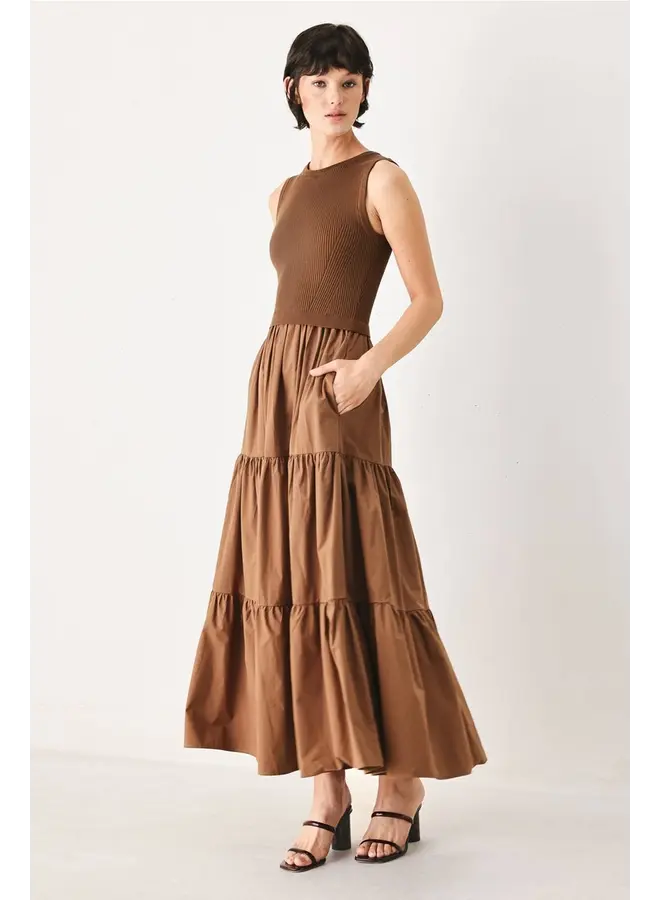 Sweater Knit and Woven Mix Midi Dress Brown