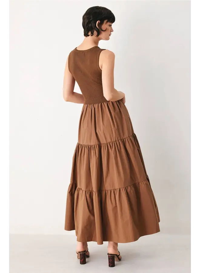 Sweater Knit and Woven Mix Midi Dress Brown