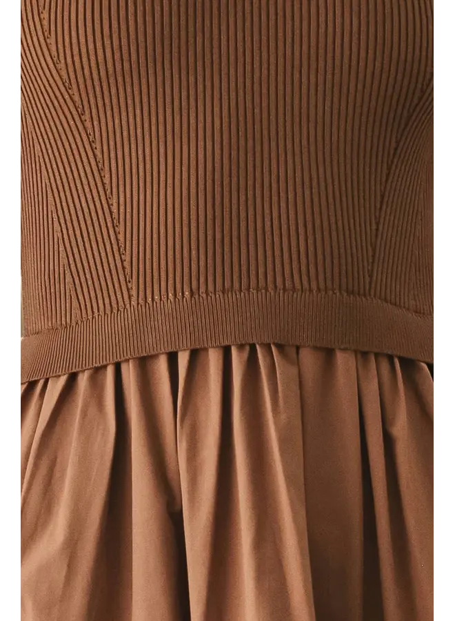Sweater Knit and Woven Mix Midi Dress Brown