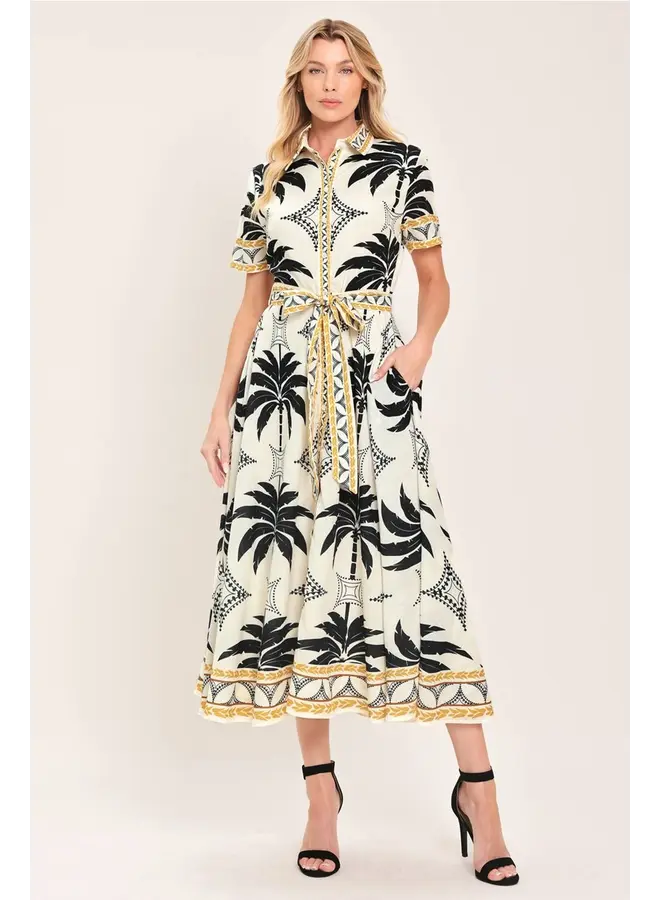 Printed Woven Shirt Midi Dress Off White/Black Gold
