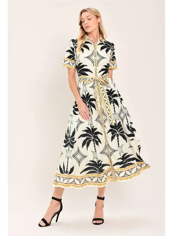 Printed Woven Shirt Midi Dress Off White/Black Gold