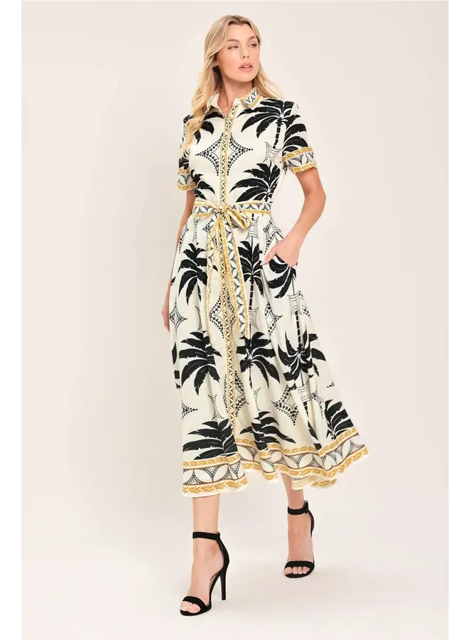 Printed Woven Shirt Midi Dress Off White/Black Gold