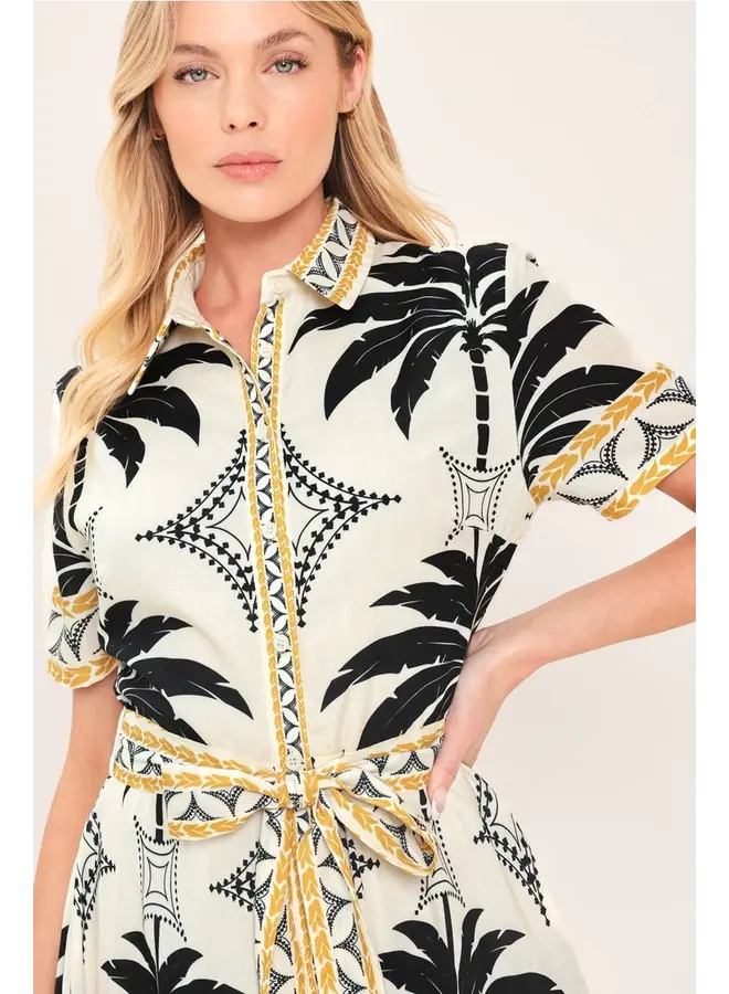 Printed Woven Shirt Midi Dress Off White/Black Gold