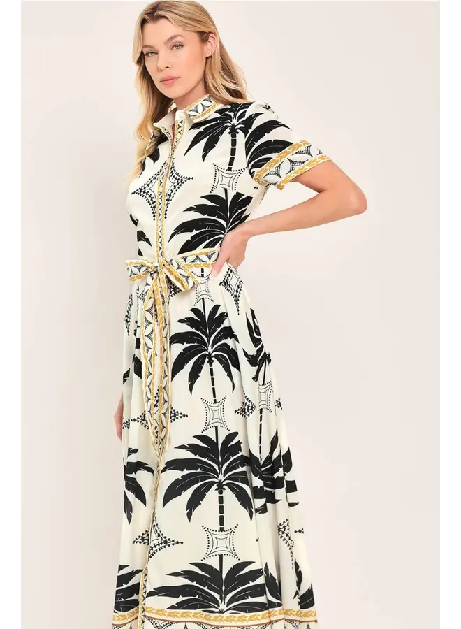 Printed Woven Shirt Midi Dress Off White/Black Gold