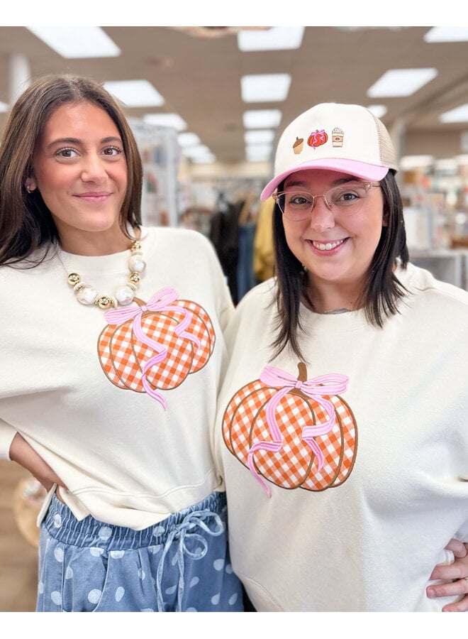 Gingham Pumpkin Relaxed Sweatshirt Cream